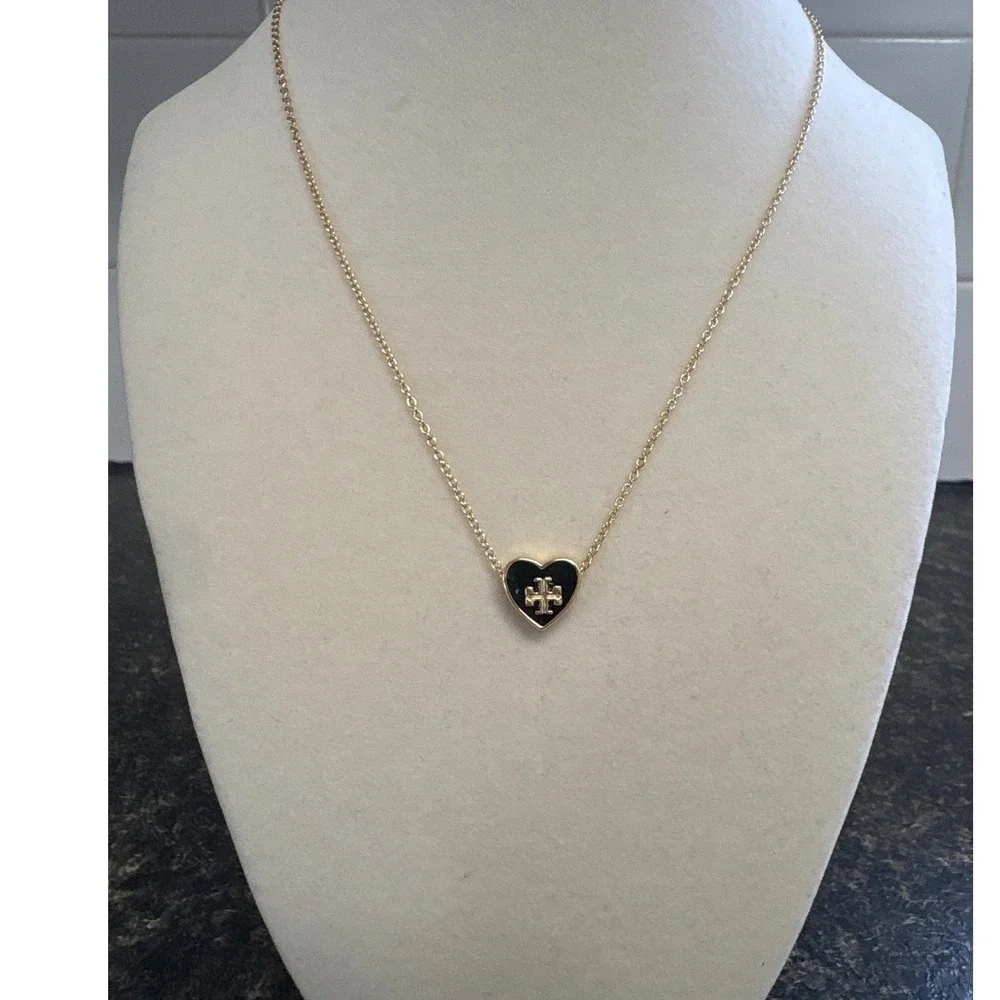 Tory Burch Kira Black Enamel Heart Pendant Necklace Gold Tone Double T Logo 16in